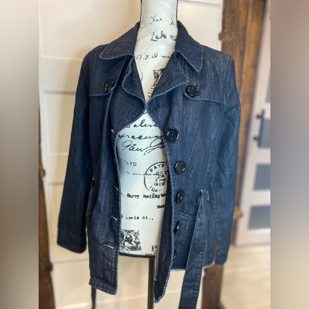Baccini Blue Jean Jacket with Structured Fit and Waist Sash - Picture 4 of 7